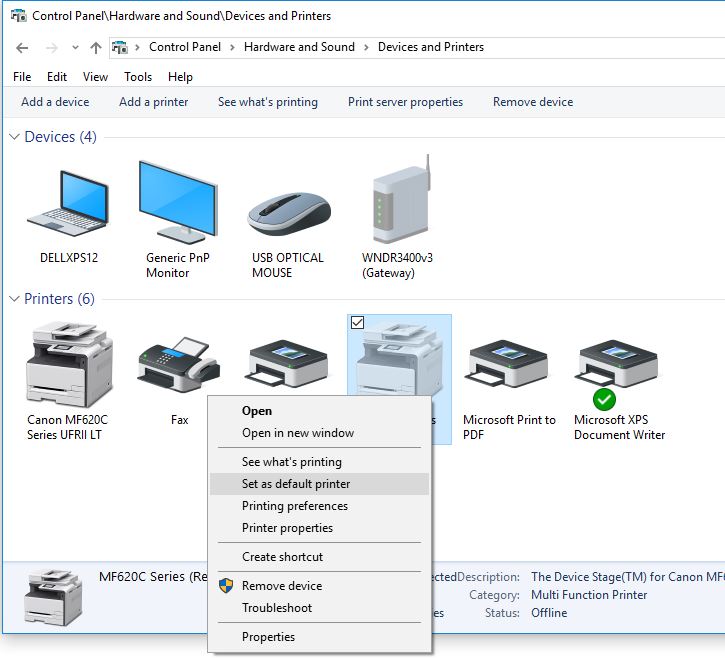 change default printer windows 10