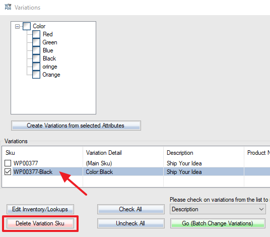 delete variation skus